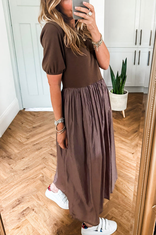 Coffee Knit Top Patchwork Pleated Half Sleeve Long Dress