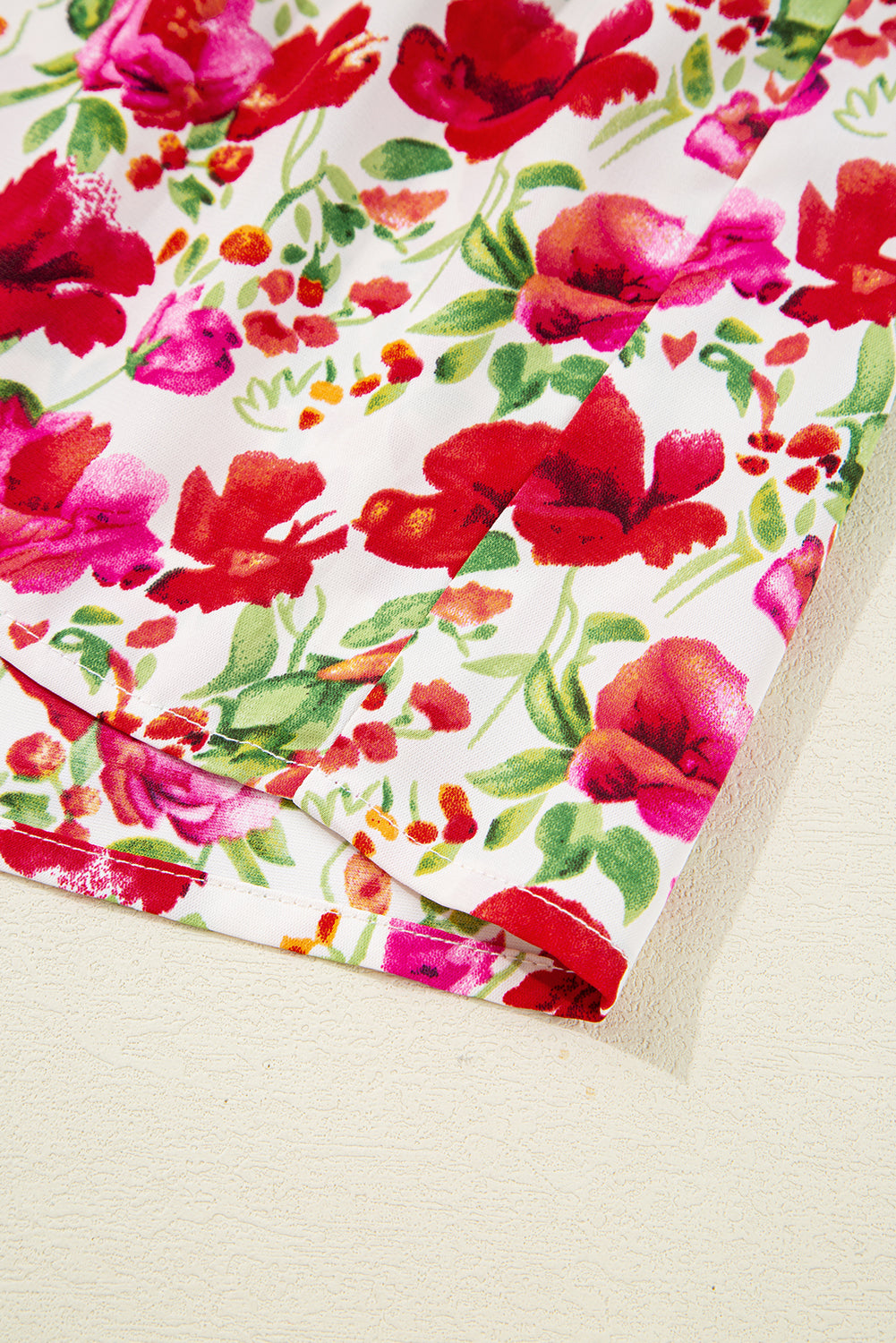 Red Floral Puff Sleeve Tiered Ric Rac Pocketed Mini Dress