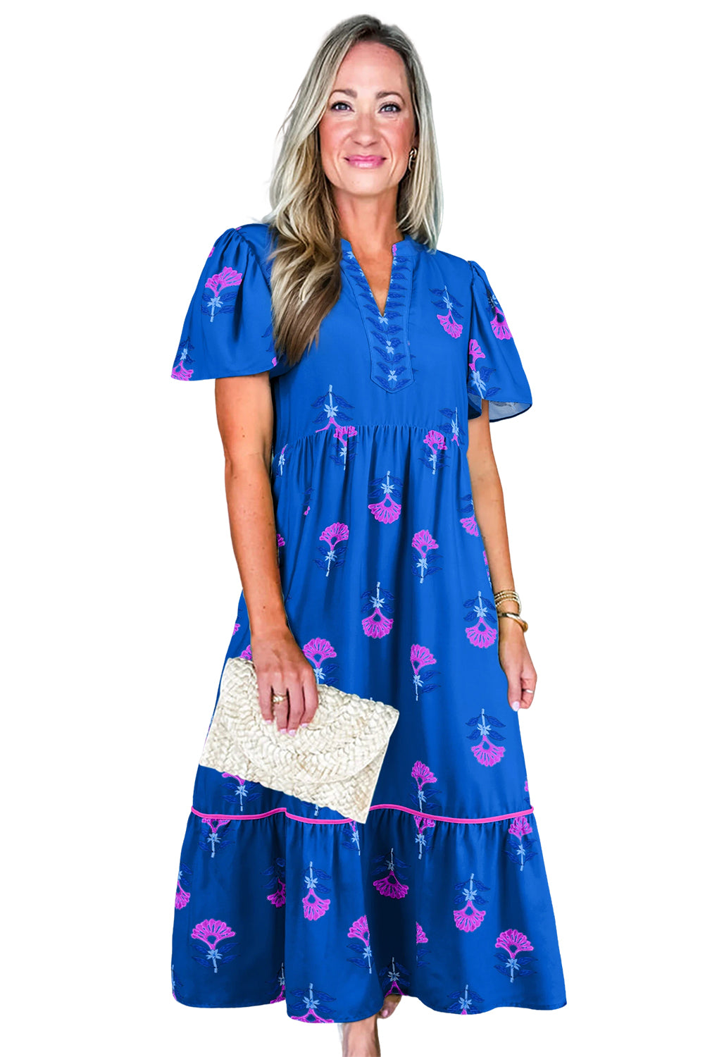 Green Floral Print Notched Neck Flounce Sleeve Midi Dress