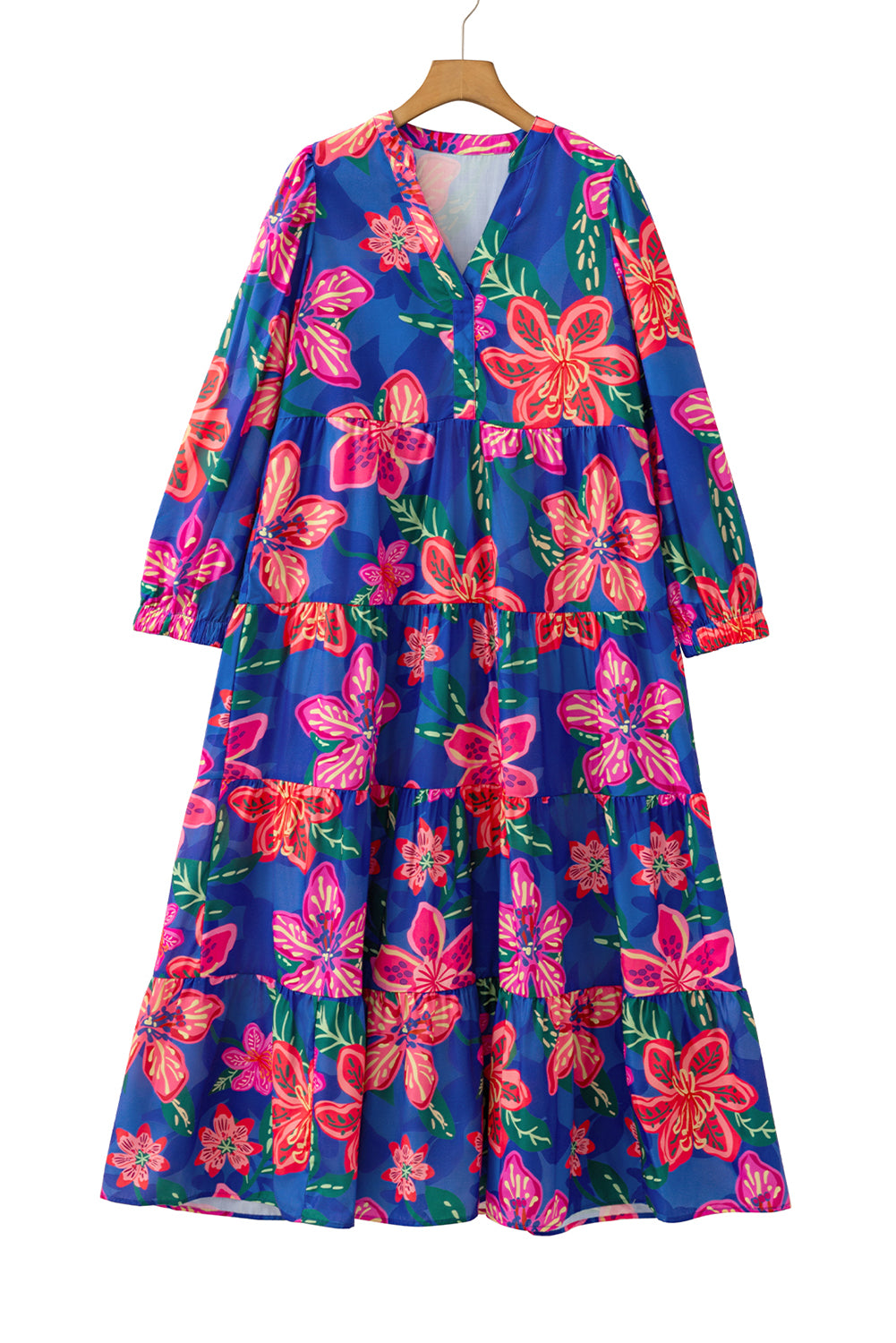 Blue Bohemian Floral Print Three Quarter Sleeve Tiered Maxi Dress
