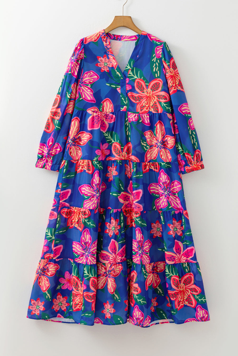 Blue Bohemian Floral Print Three Quarter Sleeve Tiered Maxi Dress