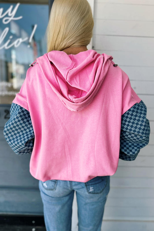 Bonbon Checkered Patchwork Kangaroo Pocket Half Zipper Hoodie
