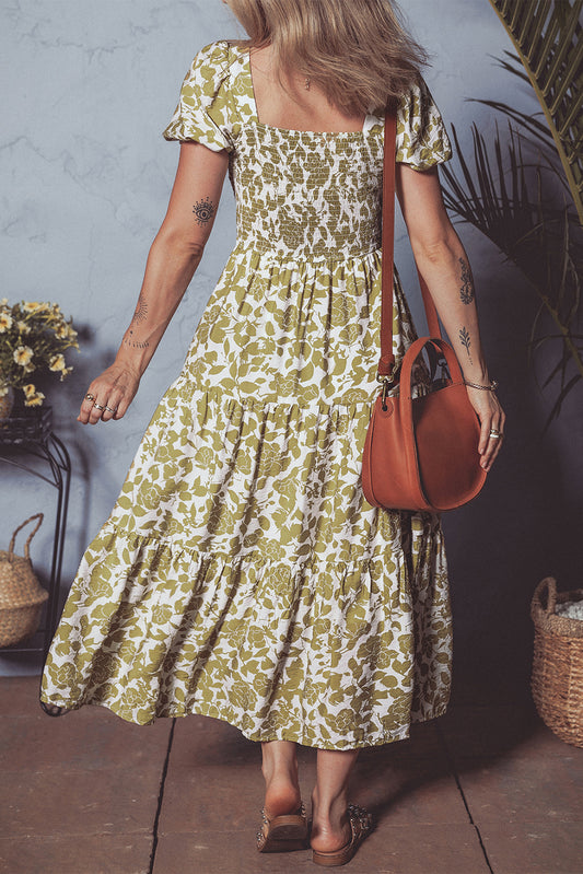 Yellow Boho Floral Print Square Neck Puff Sleeve Tiered Maxi Dress