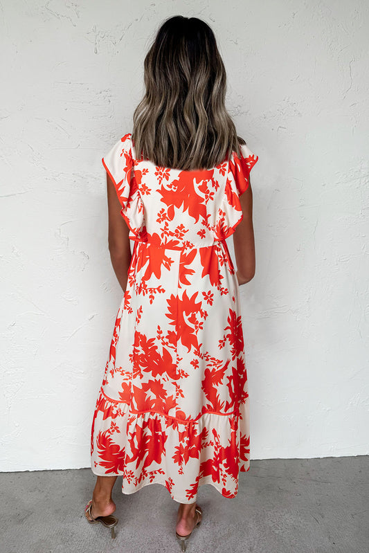 Red Floral Print Trimmed V Neck Ruffle Sleeve Maxi Dress