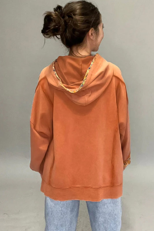 Flamingo Mix Floral Patchwork Side Slit Drawstring Hoodie