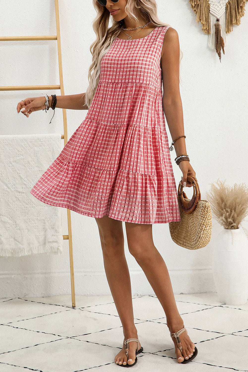 Light Blue Gingham High Waist Sleeveless Mini Dress