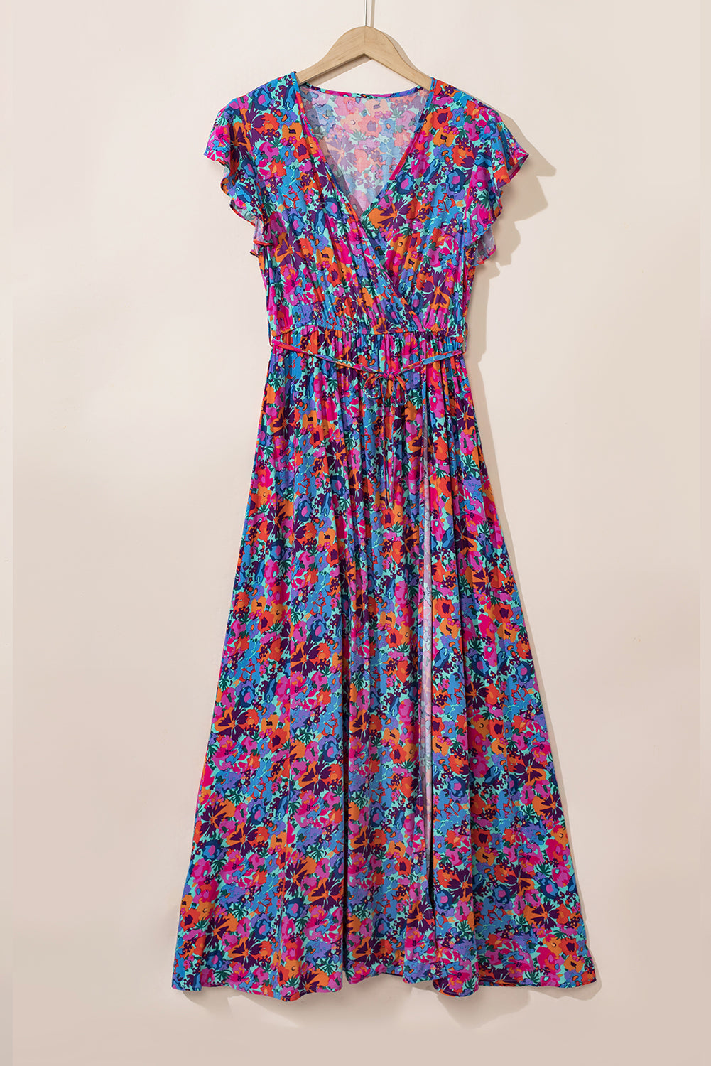 Blue Boho Floral Print V Neck Wrap Split Maxi Dress