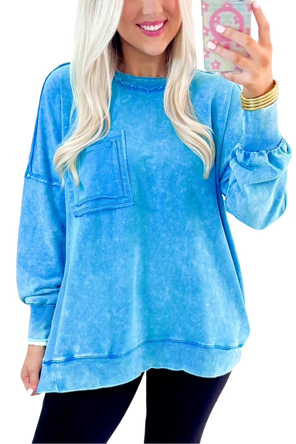 Blue Acid Washed Pocket Pullover Sweatshirt