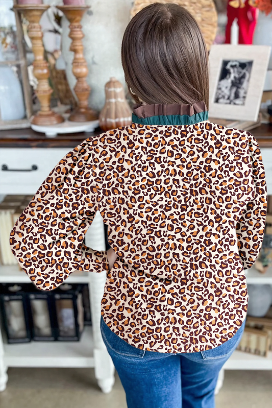 Brown Leopard Print Frill Stand Neck Button Long Sleeve Shirt