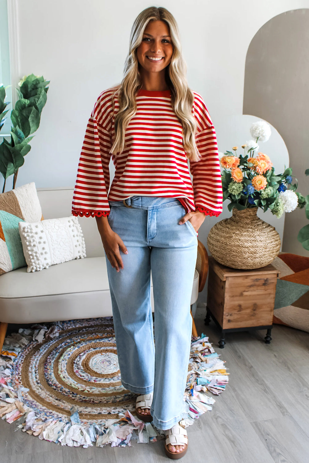 Sachet Pink Striped Round Neck Contrast Trim Bell Sleeve Top