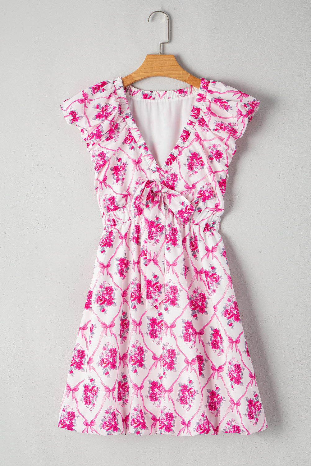 Multicolour Boho Bow Floral Print Knot V Neck Mini Dress