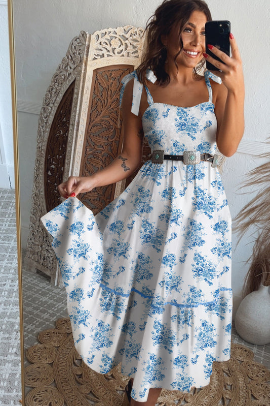 Sky Blue Floral Print Smocked Knot Shoulder Sleeveless Midi Dress