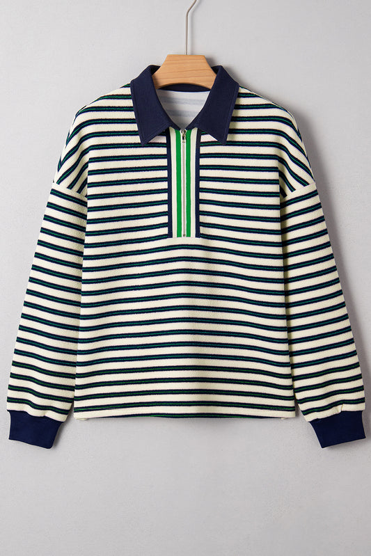 Navy Blue Pop of Color Zipper V Neck Striped Long Sleeve Top