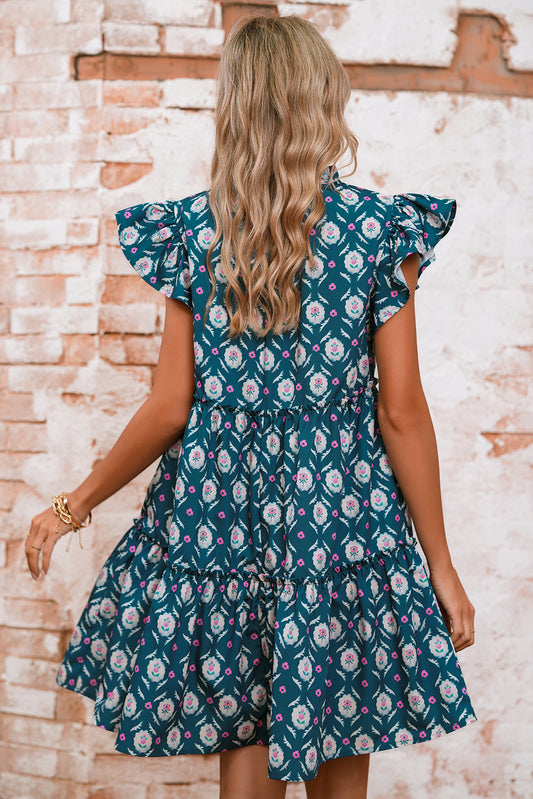 Blue Retro Floral Print Split Neck Ruffle Short Sleeve Dress