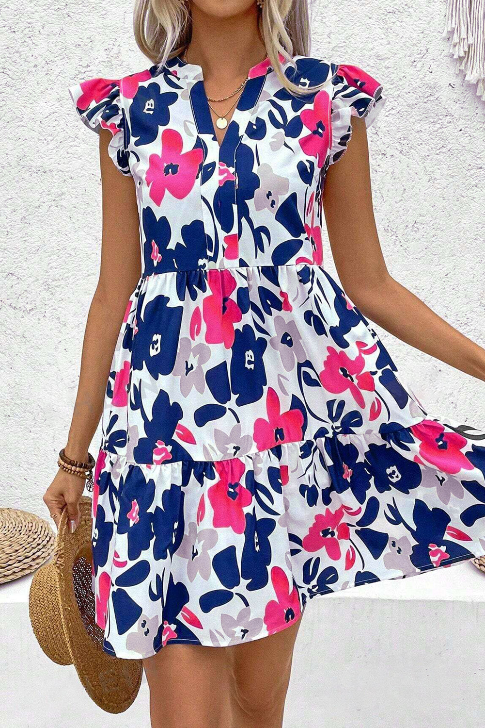 Orange Floral Print Notched Neck Flutter Sleeve Mini Dress
