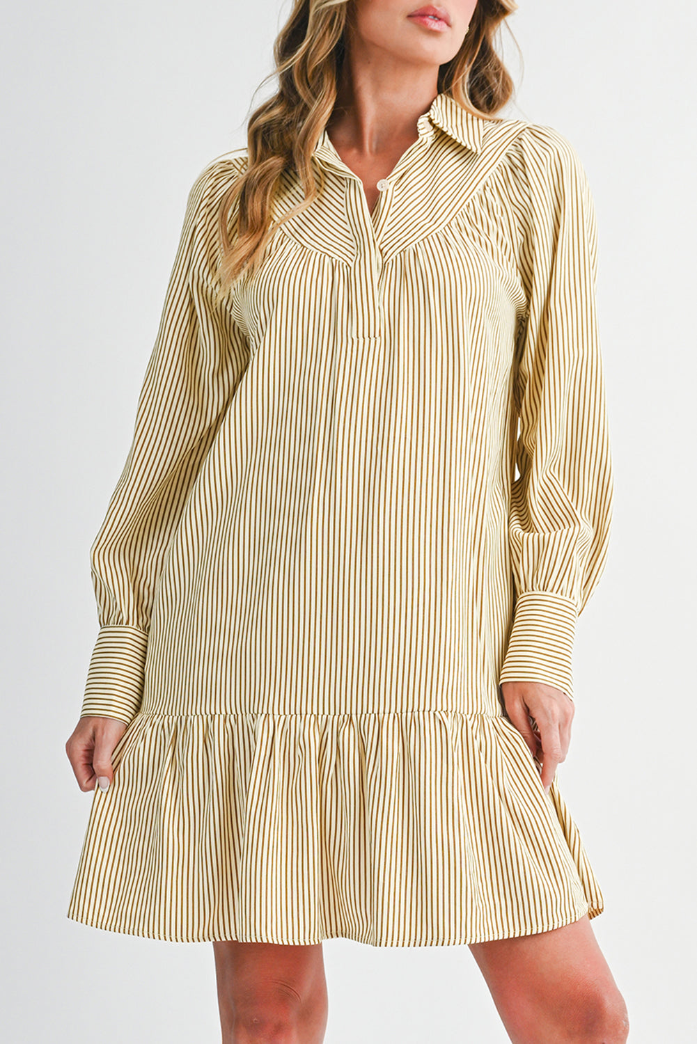 Brown Striped Shirt Collar Ruffle Hem Long Sleeve Dress
