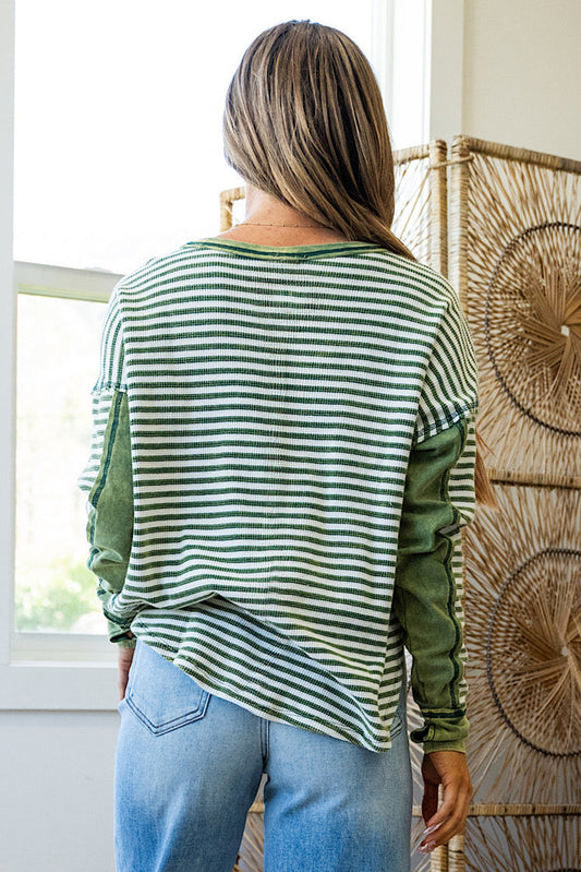 Green Striped Patchwork Knit Drop Shoulder Top