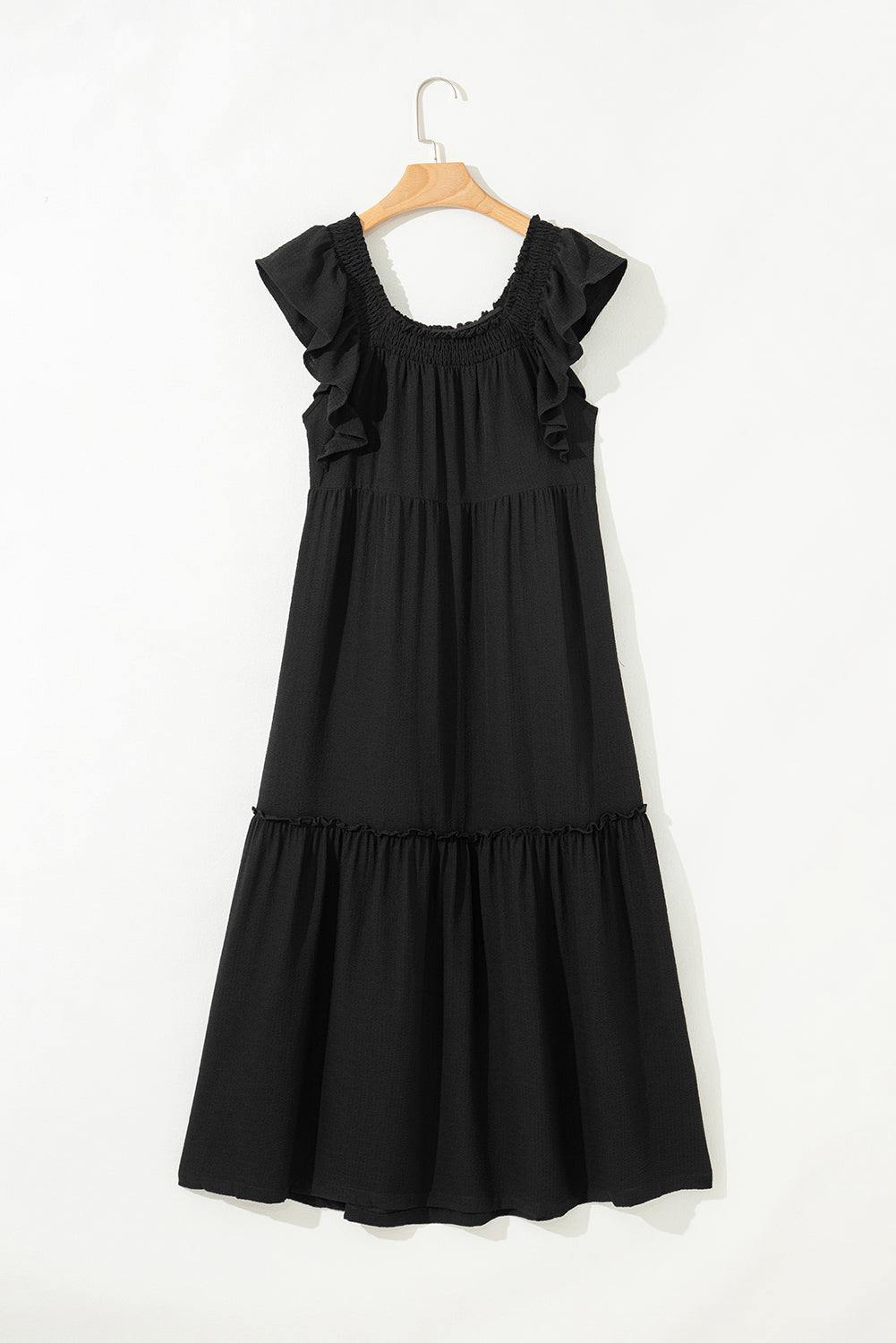 Purple Ruffled Flutter Sleeve Square Neck Textured Tiered Maxi Dress