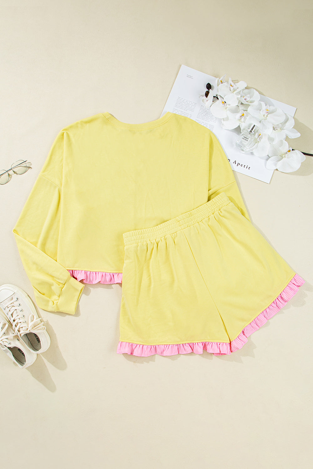 Yellow Ruffle Striped Hem Patchwork Pullover Top and Shorts Plus Size Set
