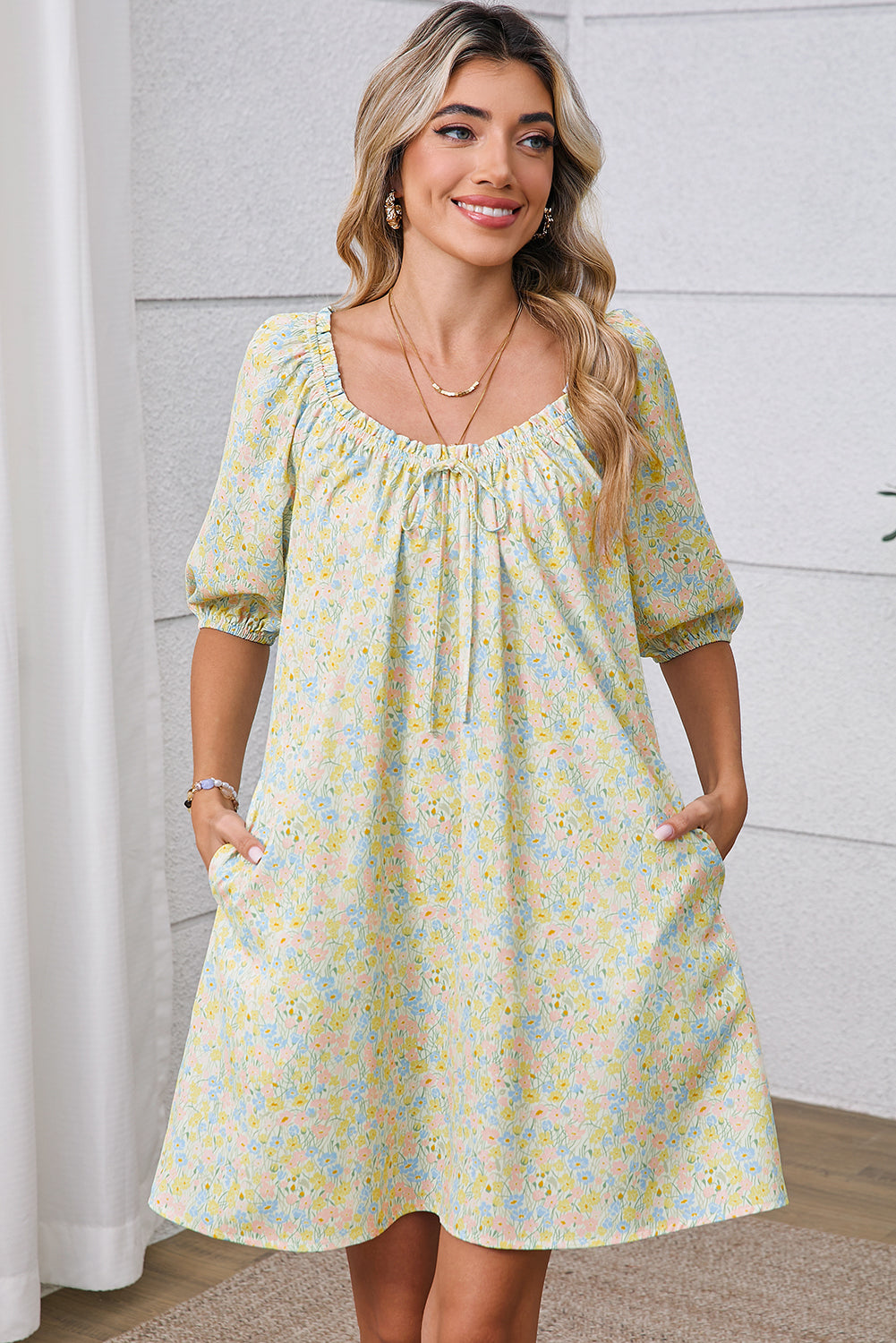 Green Floral Print Tie Neck Puff Sleeve Mini Dress
