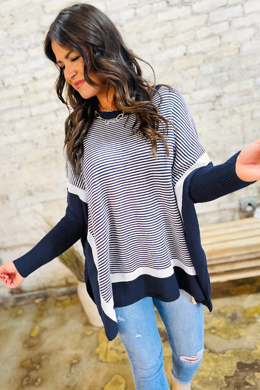Blue Striped Colorblock Patchwork Dolman Oversize Tunic Sweater