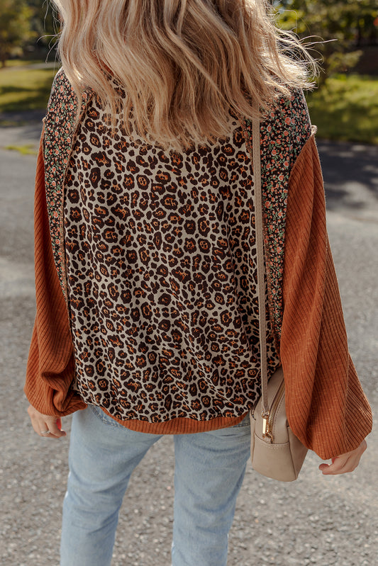 Brown Leopard Floral Print Ribbed Patchwork Puff Sleeve Loose Pullover