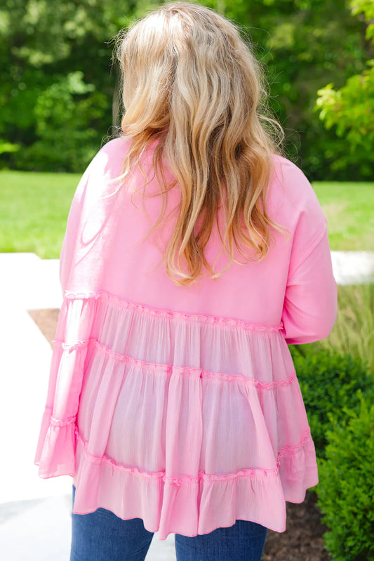 Pink Frill Tiered Patchwork Ribbed Trim Flowy Plus Size Top