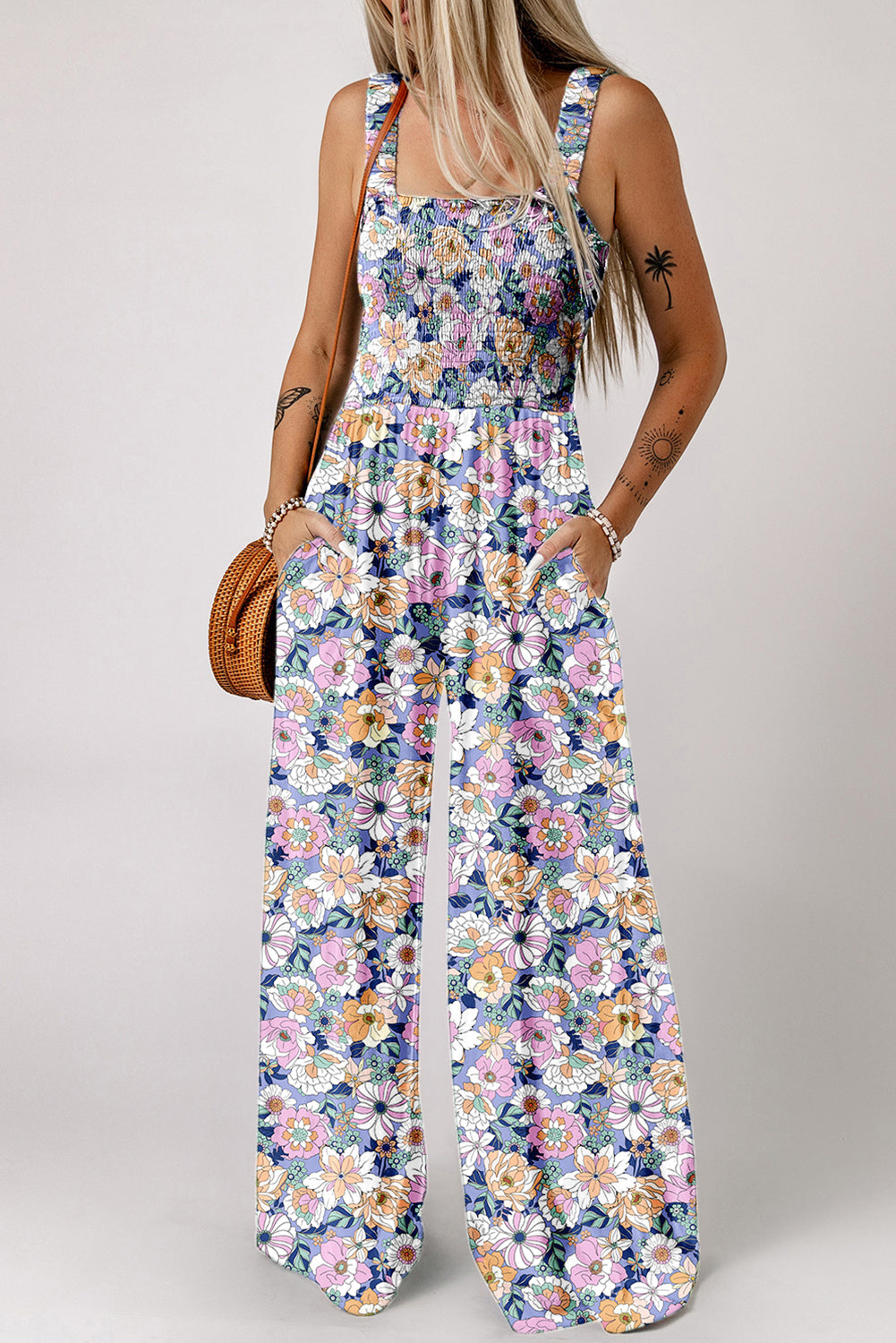 Black Floral Square Neckline Stretch High Waist Jumpsuit
