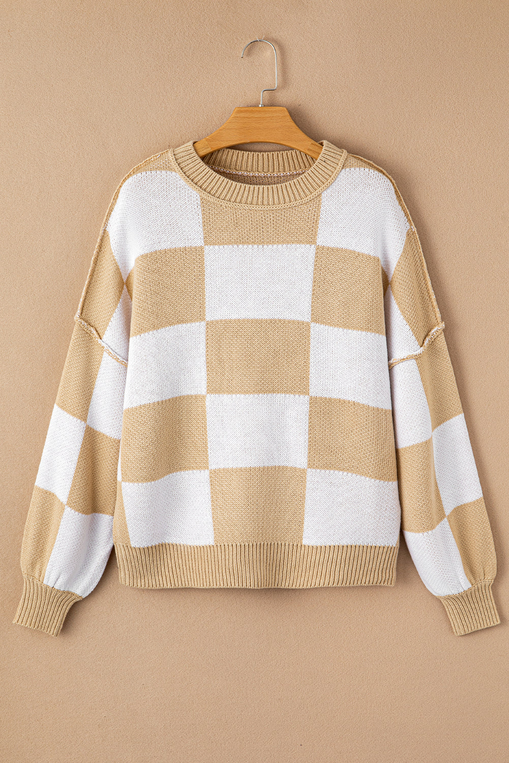 Pink Checked Bishop Sleeve Pullover Sweater