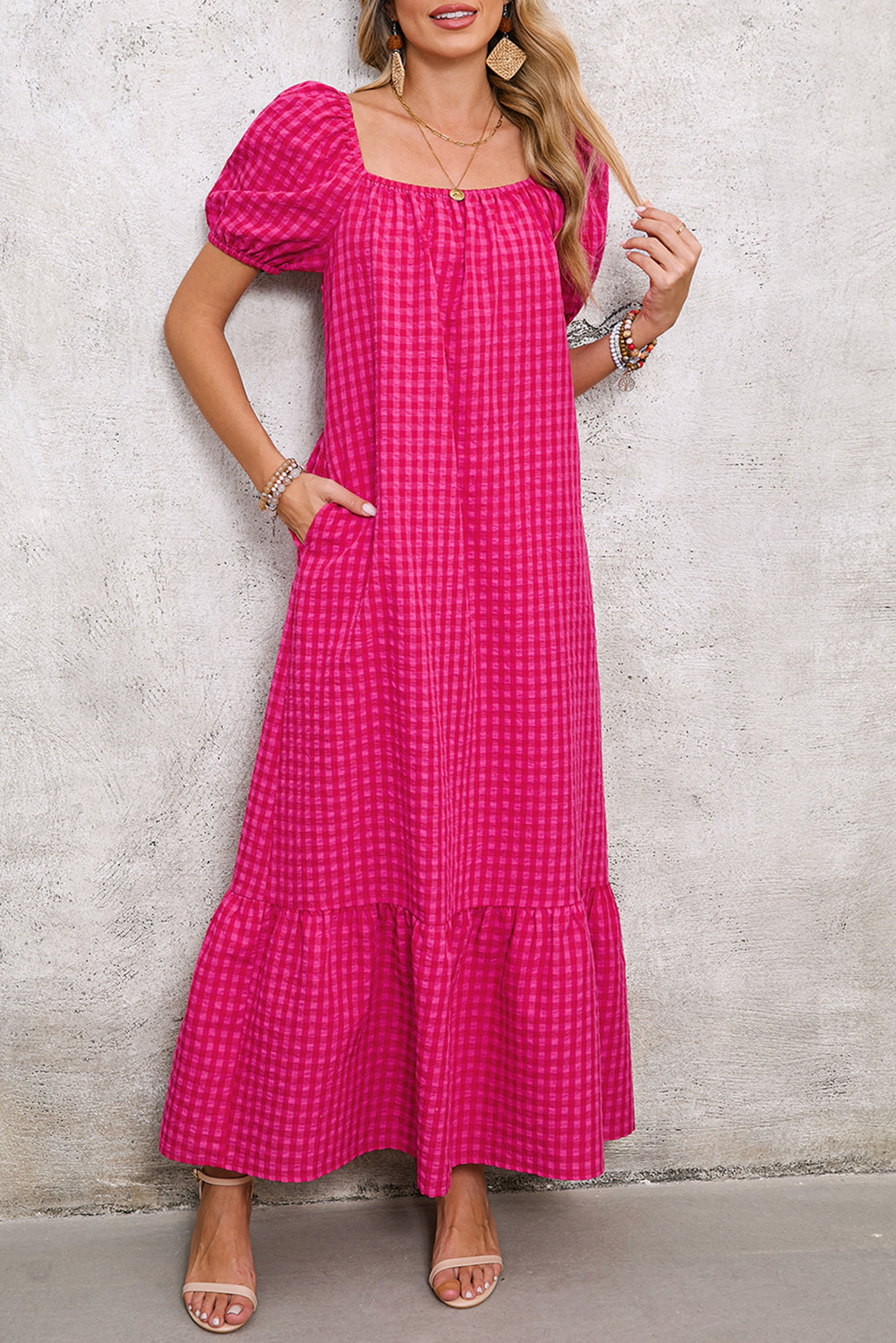 Rose Plaid Square Neck Puff Sleeve Maxi Dress