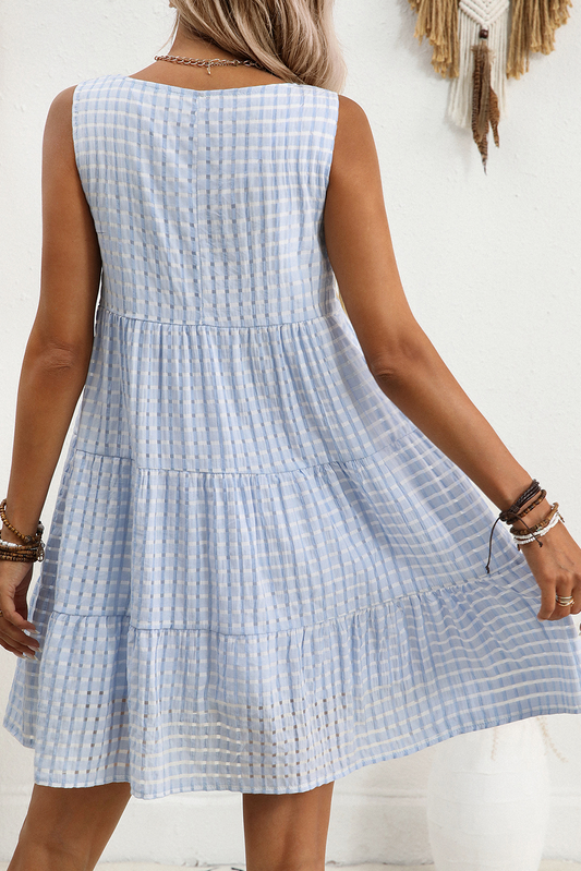 Light Blue Gingham High Waist Sleeveless Mini Dress