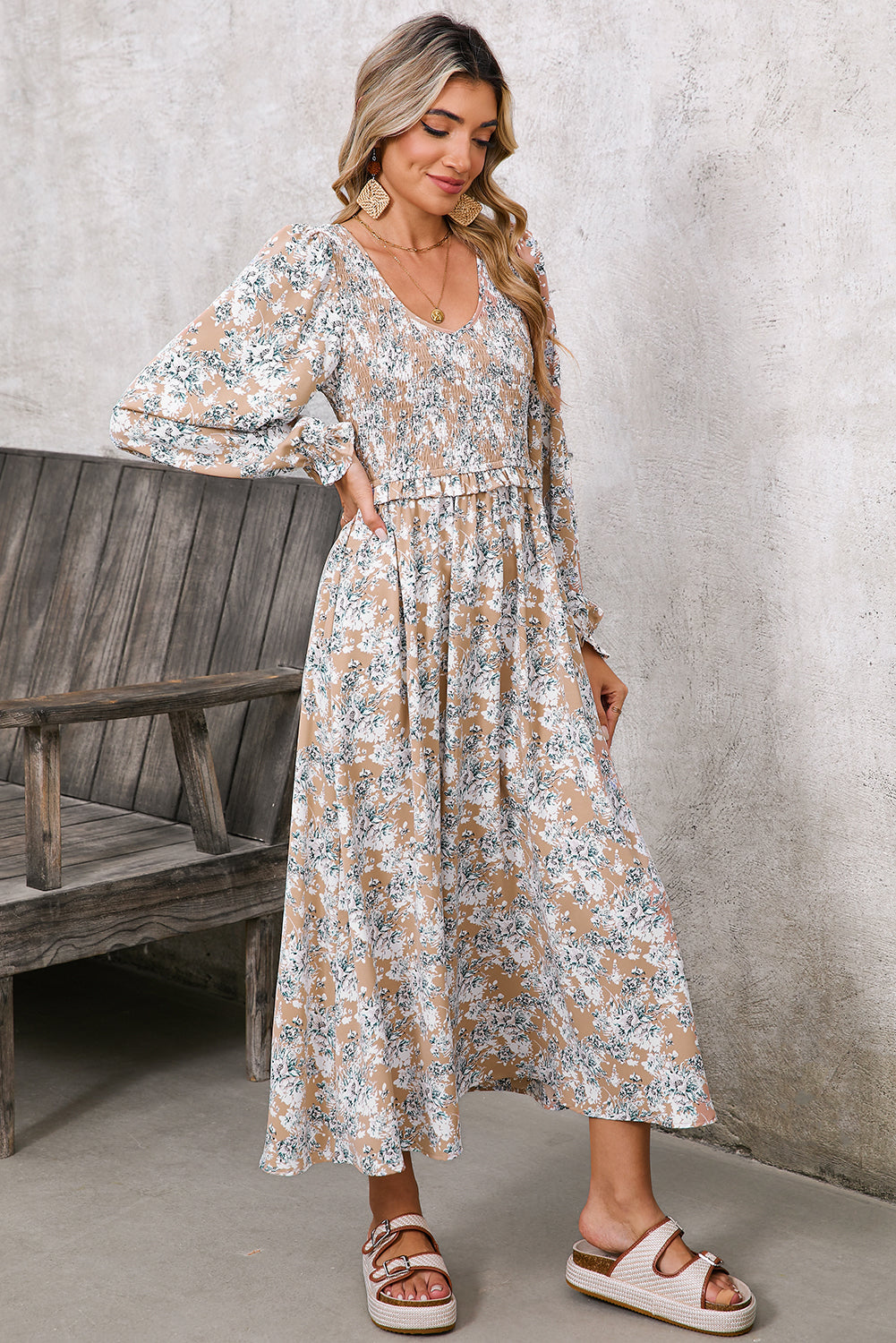 Khaki Floral Smocked Puff Sleeve Maxi Dress