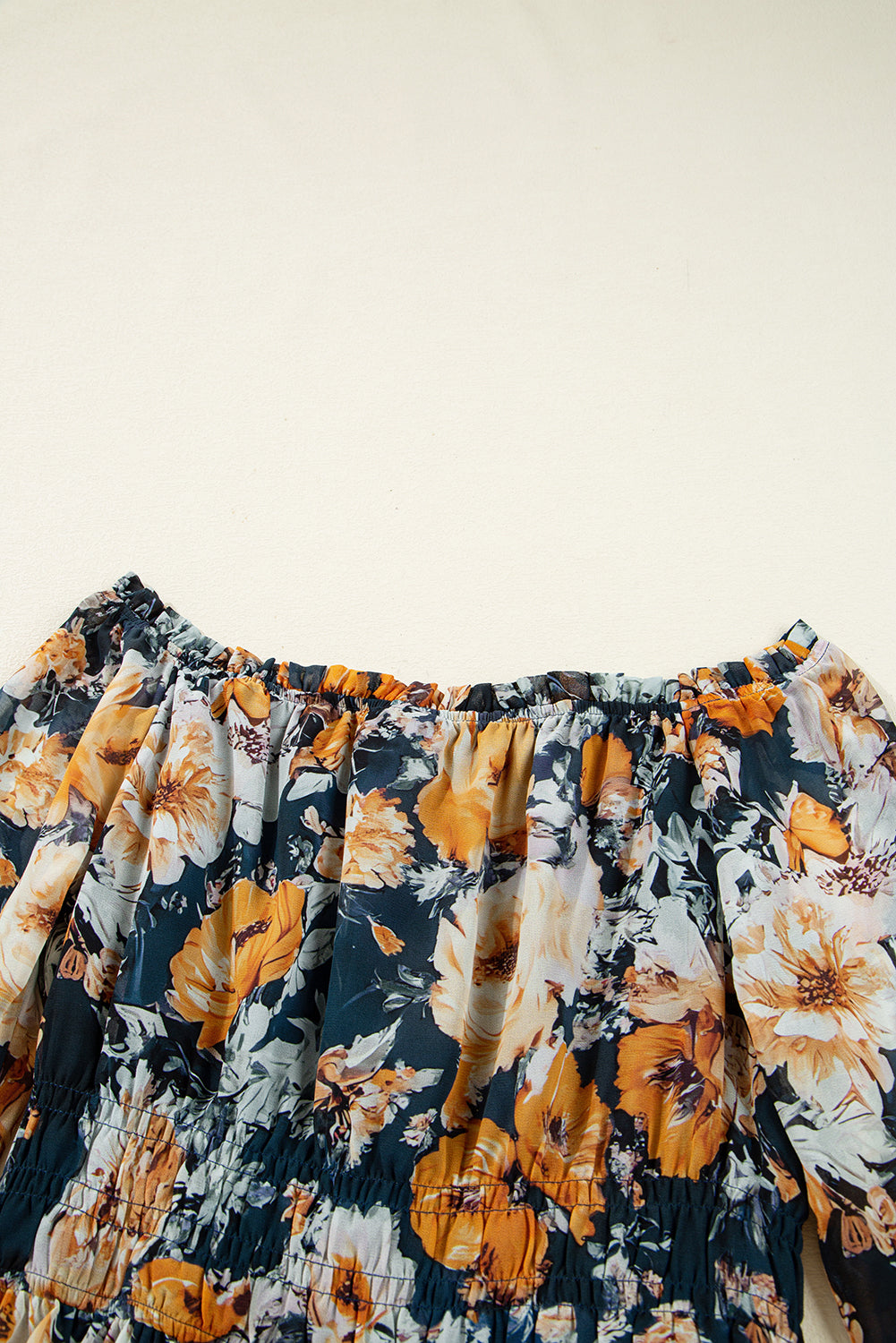 Blue Floral Off Shoulder Bell Sleeve Smocked Peplum Top