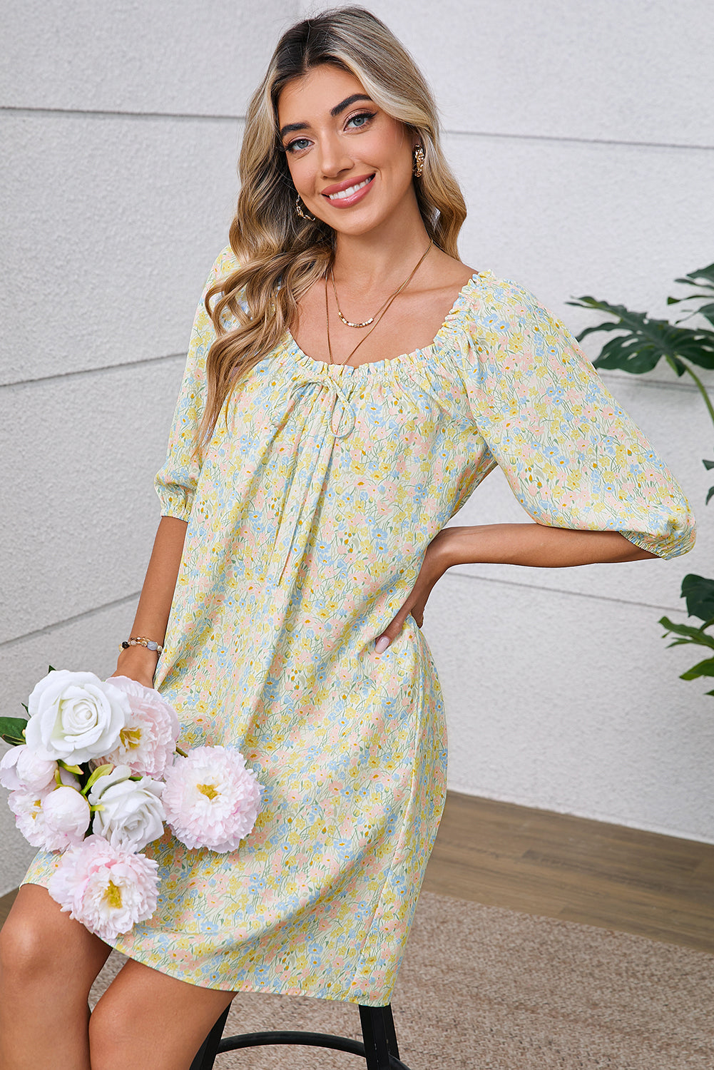 Green Floral Print Tie Neck Puff Sleeve Mini Dress