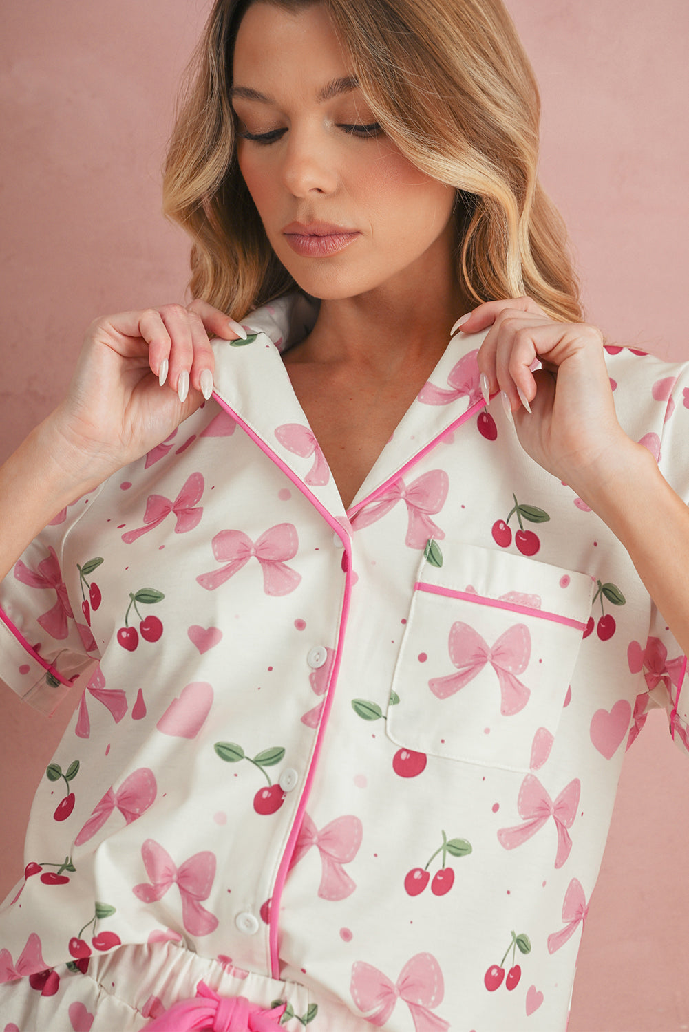 Beige Floral Print Ruffle Hem Shorts Pajama Set