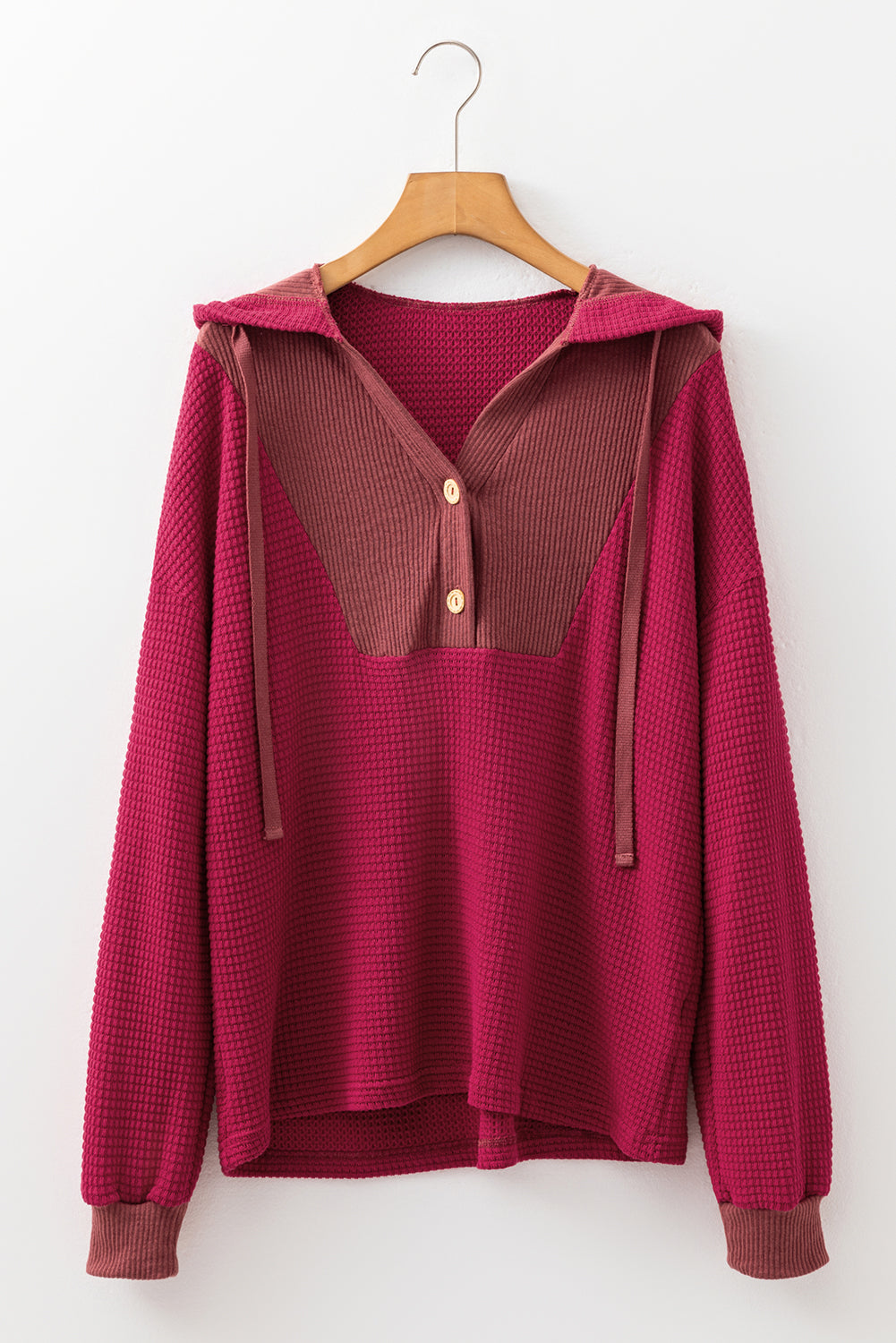 Oatmeal Waffle Patchwork Drop Shoulder Hooded Long Sleeve Top