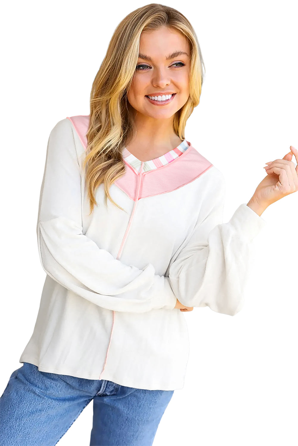 White Rainbow Striped V Neck Colorblock French Terry Top