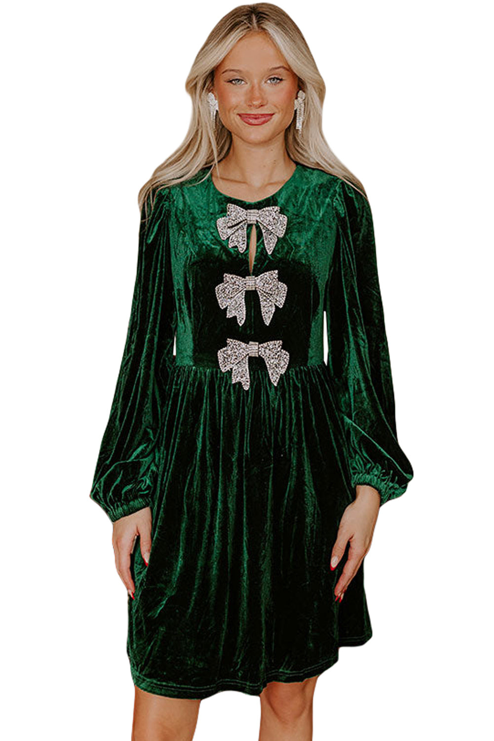 Evergreen Bowknot Decor High Waist Velvet Mini Dress