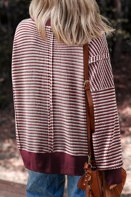 Red Stripe Ribbed Trim Drop Shoulder Long Sleeve Oversized Top