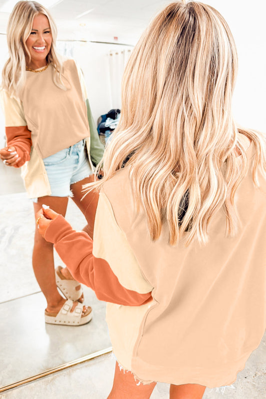 Beige Colorblock Patchwork Split Hem Casual Sweatshirt