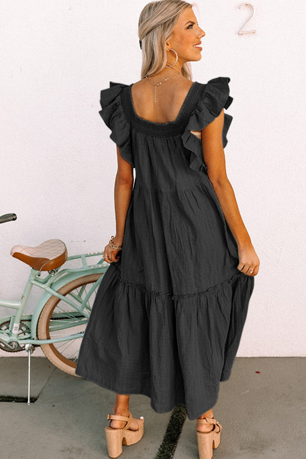 Purple Ruffled Flutter Sleeve Square Neck Textured Tiered Maxi Dress