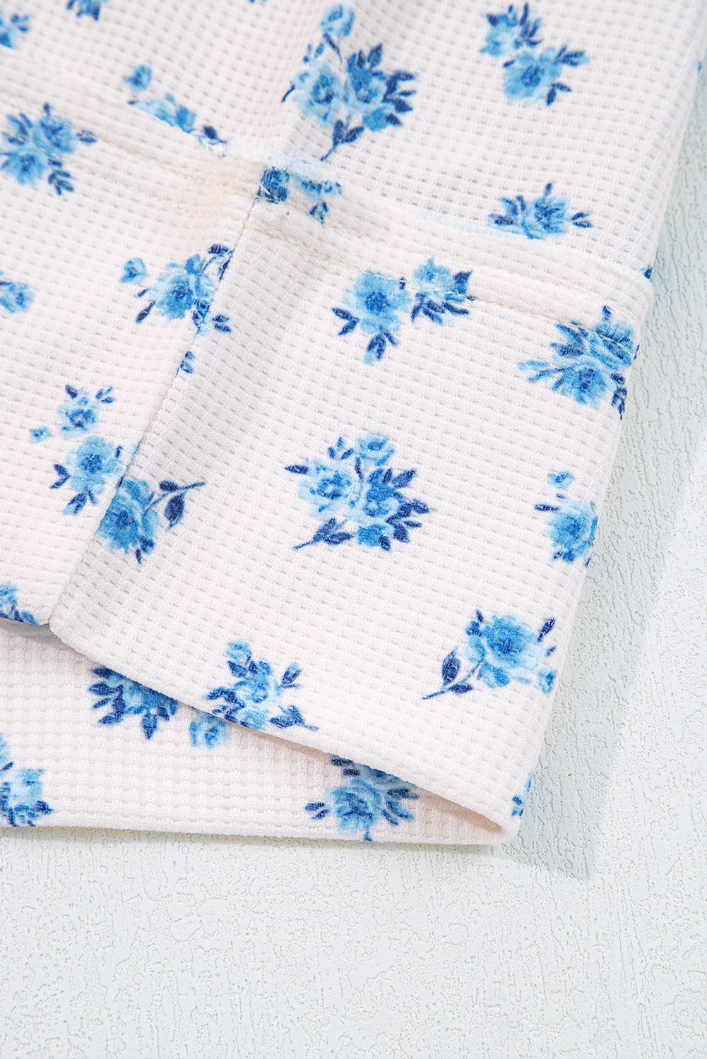 Beige Floral Print Waffle Patchwork Balloon Sleeve V Neck Oversized Top