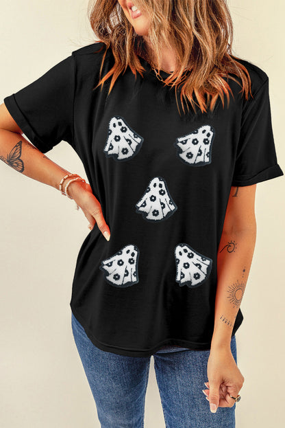White Halloween Playful Ghost Patched Cotton Blend T Shirt