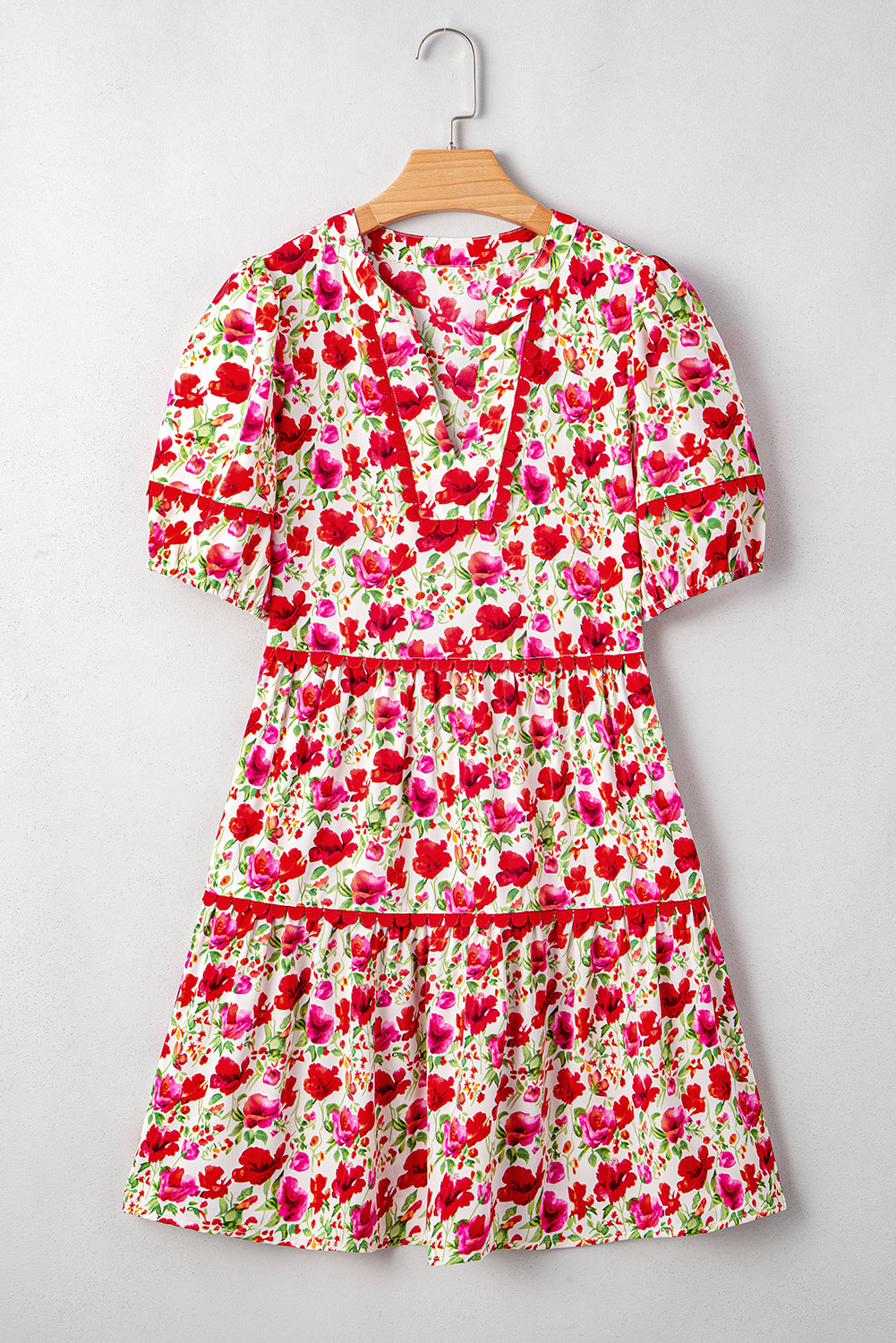 Red Floral Puff Sleeve Tiered Ric Rac Pocketed Mini Dress