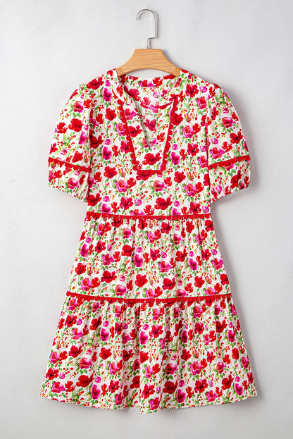 Red Floral Puff Sleeve Tiered Ric Rac Pocketed Mini Dress