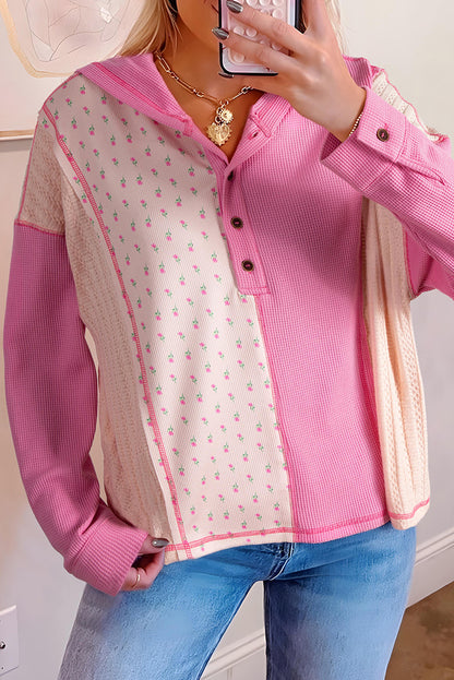 Pink Mixed Texture Waffle Floral Patchwork Hooded Oversized Pullover Top