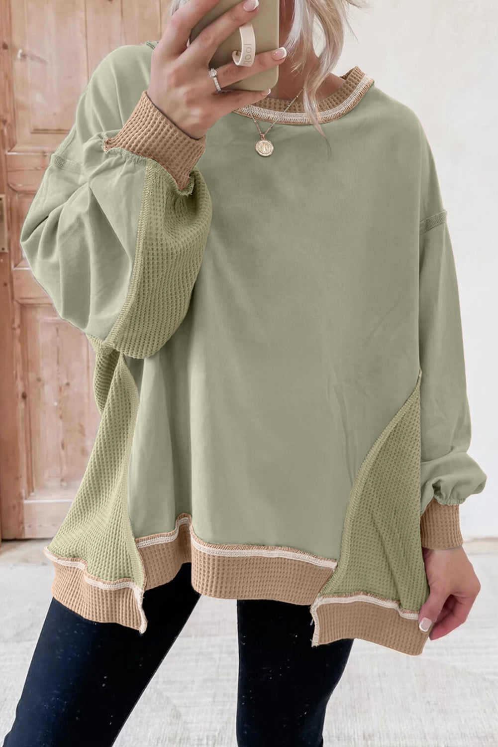Wild Wind Colorblock Waffle Patchwork Oversize Sweatshirt