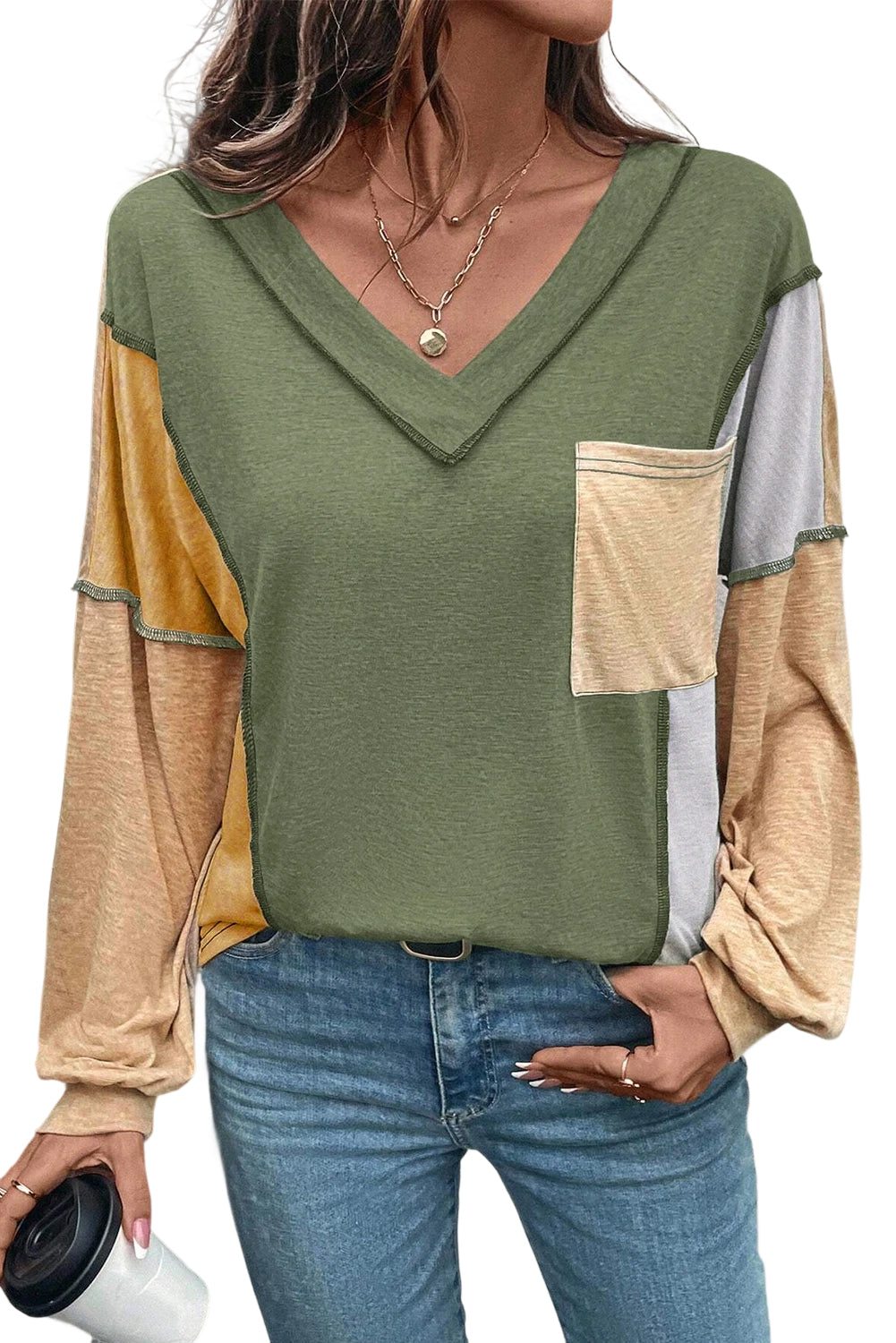 Jungle Green Exposed Stitching Colorblock V Neck Long Sleeve Top