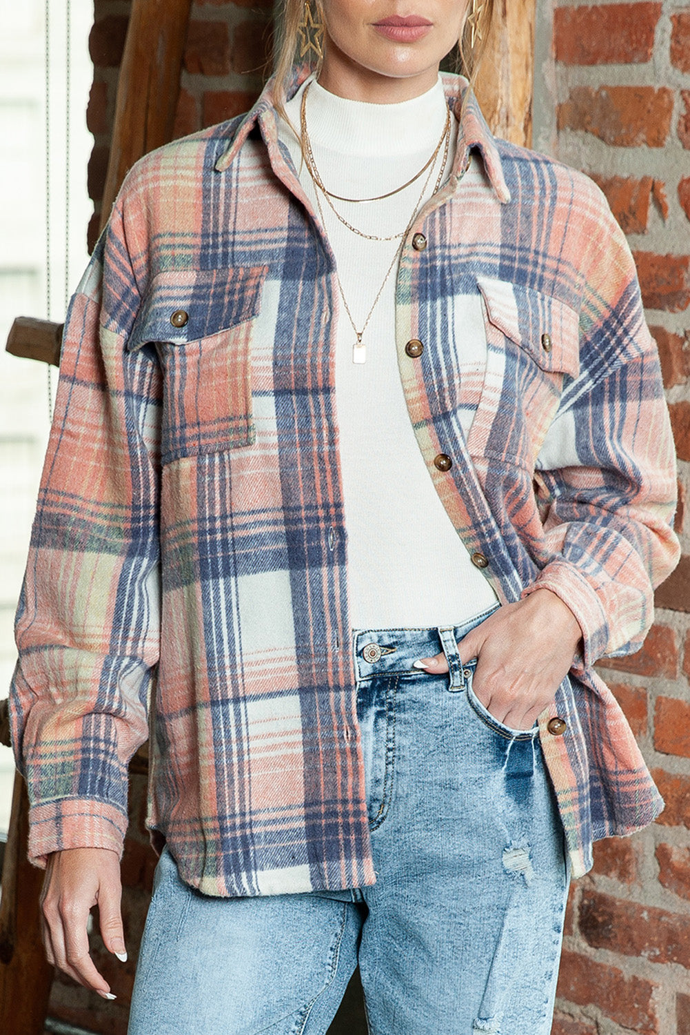 Gold Flame & Grey Plaid Button Up Collared Flannel Jacket