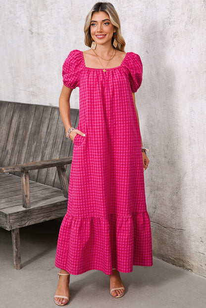 Rose Plaid Square Neck Puff Sleeve Maxi Dress